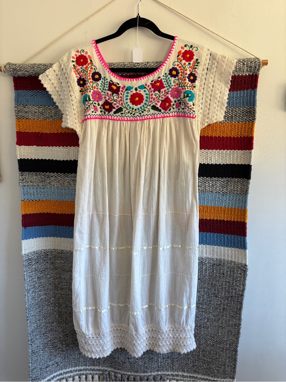 Vintage White Midi Dress with Multicolor Floral Embroidery